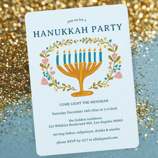 Convites FESTA HANUKKAH, Menorah, coroa floral, CADEIA (HANUKKAH PARTY Menorah floral wreath CUSTOM Invitation
)
