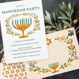 Convites FESTA HANUKKAH, Menorah, coroa floral, CADEIA