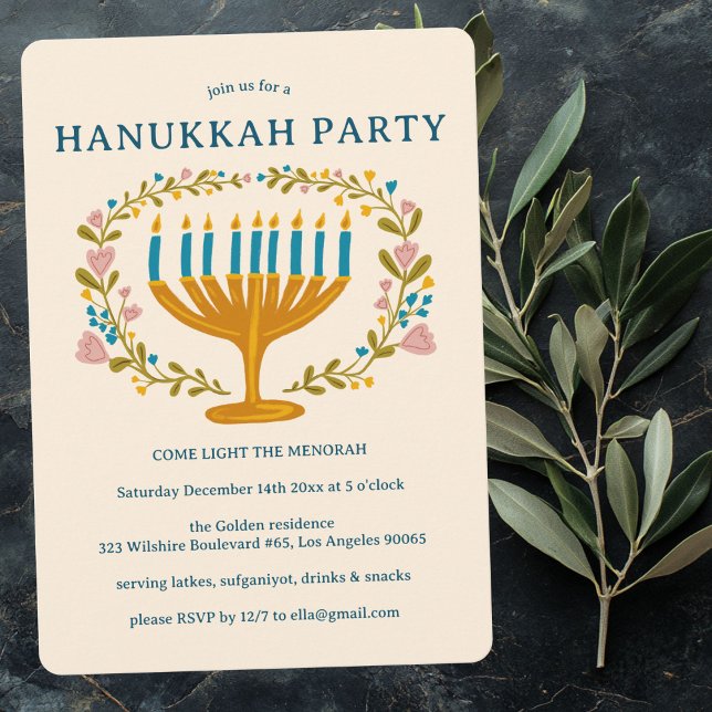 Convites FESTA HANUKKAH, Menorah, coroa floral, CADEIA (HANUKKAH PARTY Menorah floral wreath CUSTOM Invitation
)