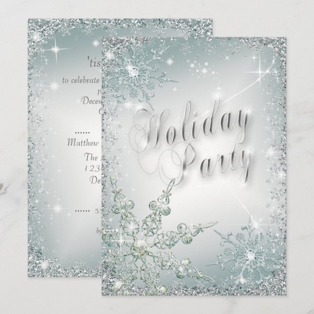 Convites Festa Holiday de Teal Mist Dusty Snowflakes (Frente/Verso)