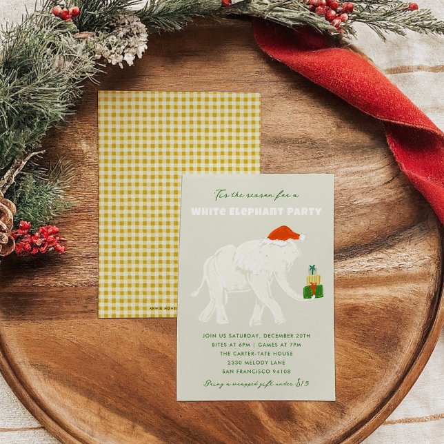 Convites Festa Ilustrada de Elefante Branco Festivo (Festive White Elephant Party Illustrated Invitation with golden yellow checkered back.)