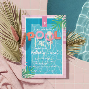 Convites Festa ilustrativa de Piscina Tropical Rosa e Azul