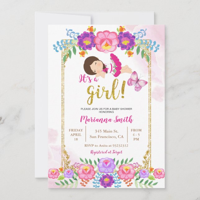 Convites Festa Infantil da Borboleta Floral Mexicana  (Frente)