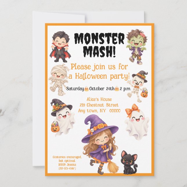 Convites Festa Infantil Monstro Mash no Halloween (Frente)