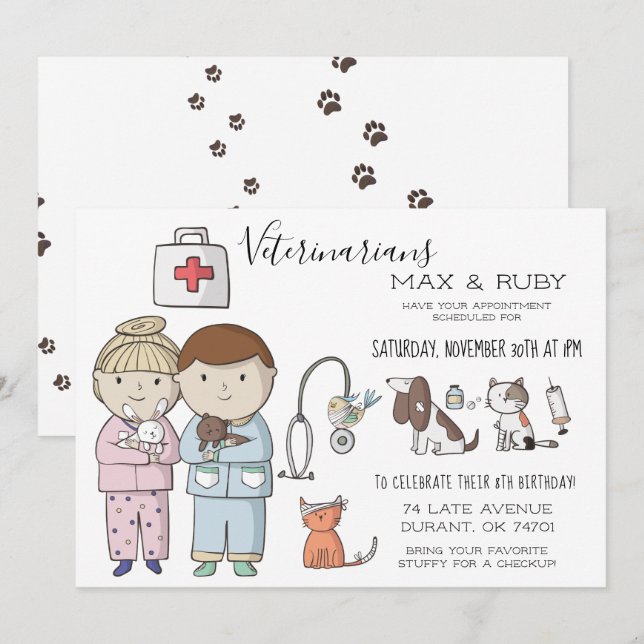 Convites Festa Infantil Temática Veterinária para Meninos e (Frente/Verso)