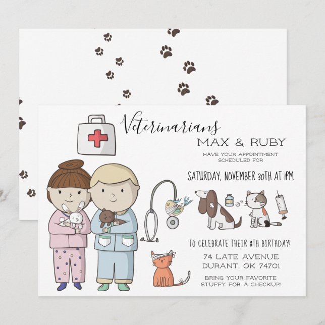Convites Festa Infantil Temática Veterinária para Meninos e (Frente/Verso)
