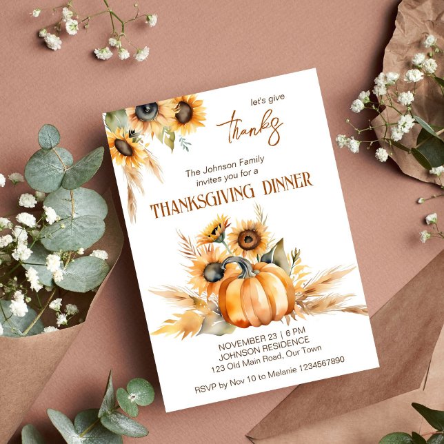 Convites Festa jante de Ação de Graças Boho Abóbora girasso (Thanksgiving dinner party boho template invitation digital download watercolor pumpkin sunflowers)
