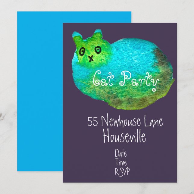 Convites Festa jante de Gato de Arte Azul Moderna (Frente/Verso)