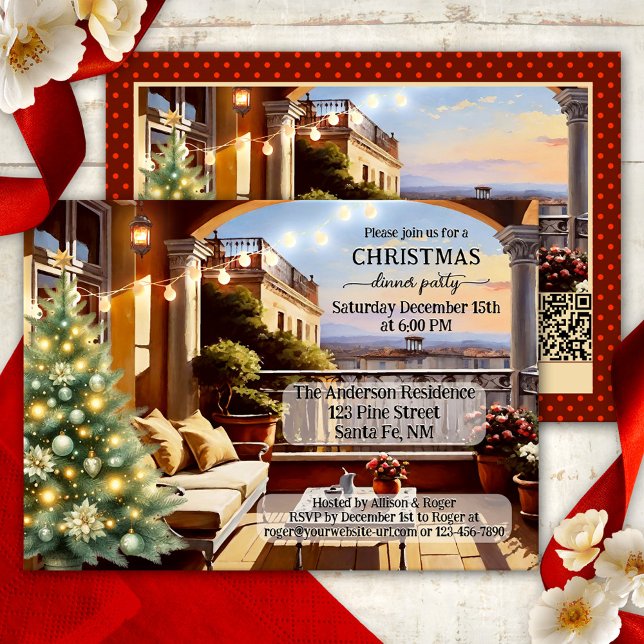 Convites Festa Jante de Natal Cozy Italiana Balcony (Christmas dinner party invitation featuring an Italian balcony with Christmas tree and string lights)