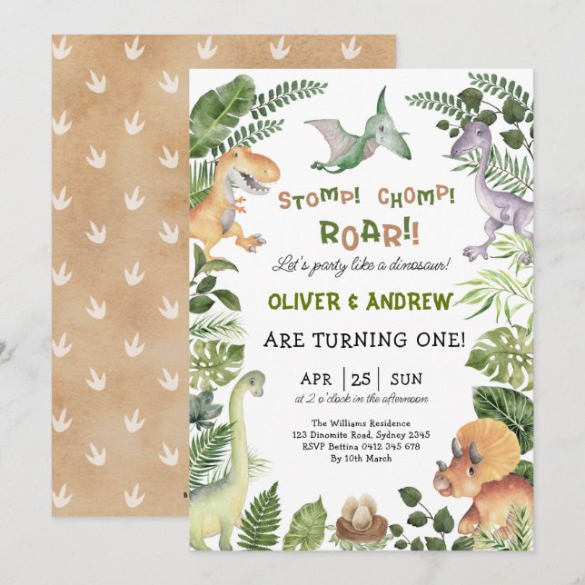 Convites Festa Jurássica de Aniversário do Dinossauro Gemin (Frente/Verso)