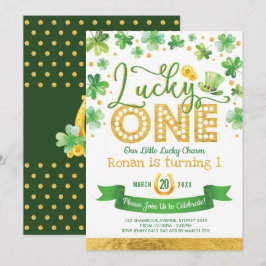 Convites Festa Lucky One, Dourada Shamrock Verde