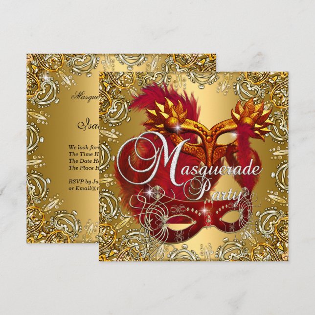 Convites Festa Máscara Vermelho Dourado Prata (Frente/Verso)