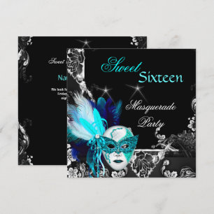 Convites Festa Masquerade Sweet 16 Máscara Azul Teal Preto