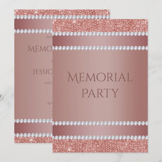 Convites Festa Memorial Brilhante em Rosa Dourado e Diamant (Frente/Verso)