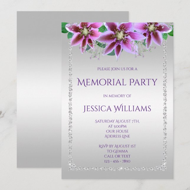 Convites Festa Memorial Classy Diamonds & Flowers (Frente/Verso)
