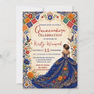 Convites Festa Mexicana Azul Floral Dourado Quinceanera