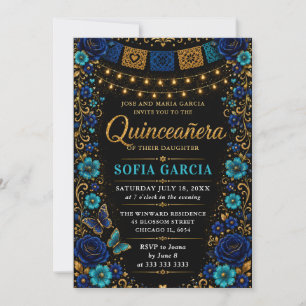 Convites Festa Mexicana Azul Floral Quinceanera