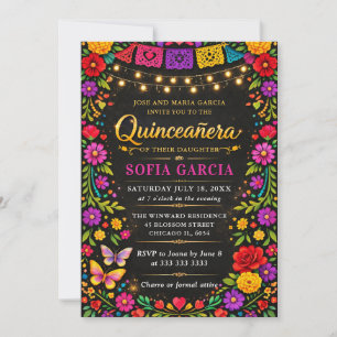 Convites Festa Mexicana Brilhante Floral Quinceanera