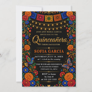 Convites Festa Mexicana Brilhante Floral Quinceanera