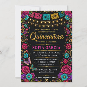 Convites Festa Mexicana Brilhante Floral Quinceanera