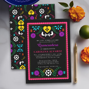 Convites Festa Mexicana de Papel Picado Moderno Quinceanera