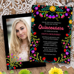 Convites Festa Mexicana de Quinceanera Floral Preto Foto