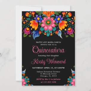 Convites Festa Mexicana Floral Preto Quinceanera