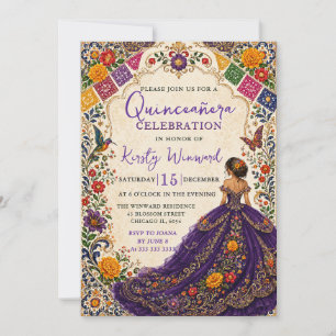 Convites Festa Mexicana Roxo Floral Dourado Quinceanera