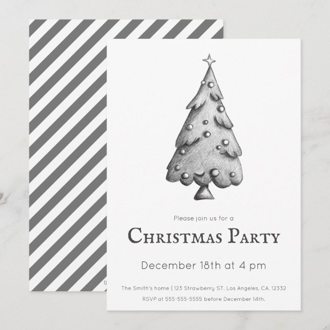 Convites Festa Mínima de Árvore de Natal Negra e Branca (Frente/Verso)