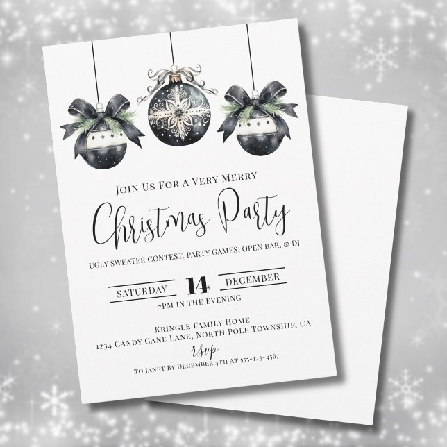 Convites Festa Mínima Elegante de Natal Branco Negro (Elegant Minimalist Black White Christmas Party Invitation)