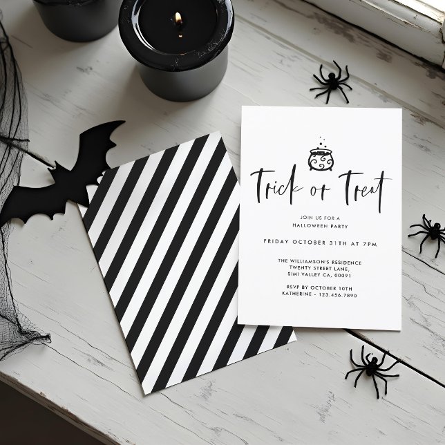 Convites Festa Mínima Negra De Halloween (Trick Or Treat Black Minimal Halloween Party Invitation)