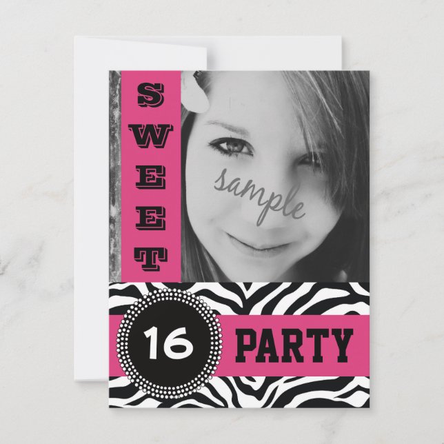 Convites Festa Mod Hot Pink Zebra Sweet 16 com Foto (Frente)