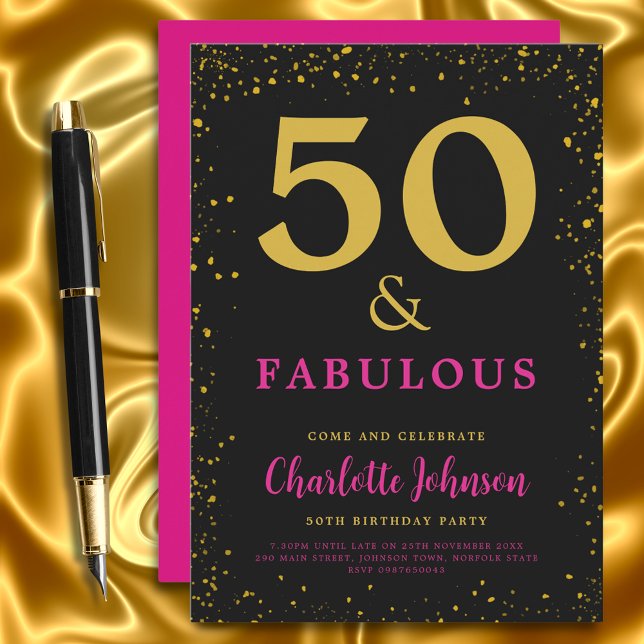 Convites Festa Moderna de 50 Anos de Idade Rosa (50 and fabulous stylish black pink and gold glitter 50th birthday party invitation )