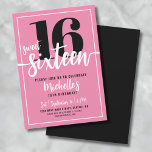 Convites Festa Moderna de Aniversário de 16 Anos Sweet Sixt<br><div class="desc">Apresentando um convite de aniversário de Sweet Sixteen simples e moderno, perfeito para celebrar com estilo. O design vibrante apresenta um fundo rosa brilhante com um "16" em negrito exibido de forma proeminente no topo. Abaixo, "Sweet Sixteen" é escrito de forma elegante em caligrafia, definindo um tom divertido e sofisticado....</div>