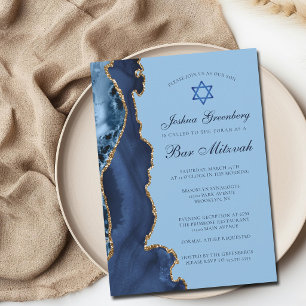Convites Festa Moderna de Bar Mitzvah em Azul Dourado Ágata