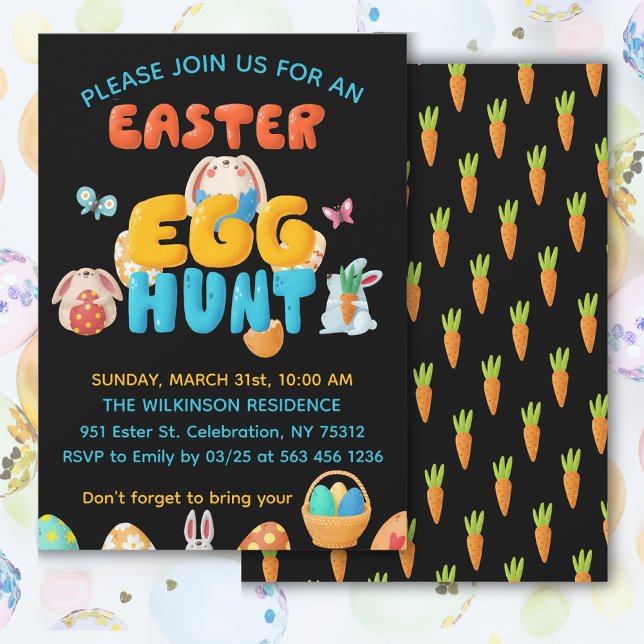 Convites Festa Moderna de Caça ao Ovo de Páscoa Preto (Get this playful and colorful invitation for your Easter celebration, customize it today!)
