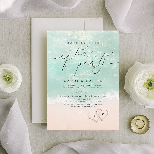 Convites Festa Moderna de Roteiro Corações Felizes para Sem (Modern Script Sand Hearts Happily Ever After Party Invitation)