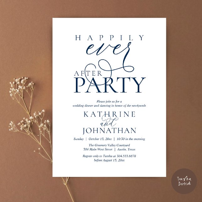 Convites Festa Moderna de Script Felizes para Sempre Casame (Modern Script Happily Ever After Dinner Party Elopement Invitation Card in Navy Blue)