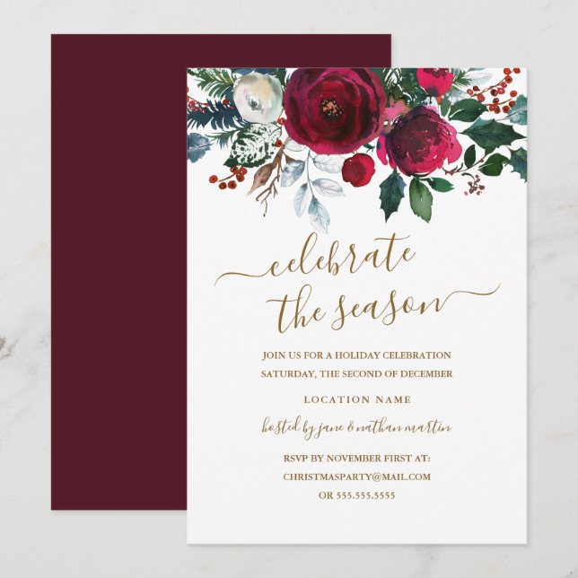 Convites Festa Moderna Floral Vermelho Dourado (Frente/Verso)