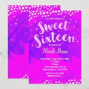 Convites Festa Moderna Jovem Purple & Pink Menina Doce 16 A