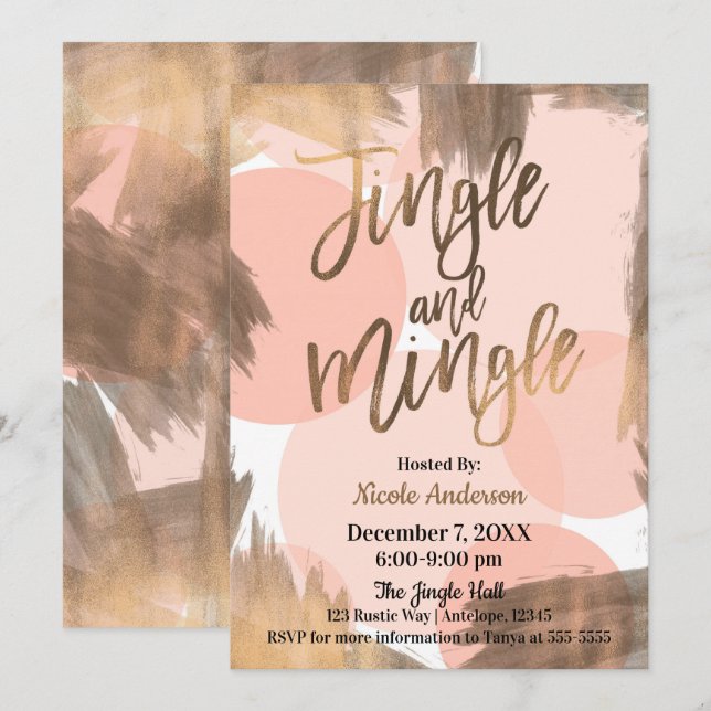 Convites Festa Moderna Peach Copper Bronze Jingle & Mingle (Frente/Verso)