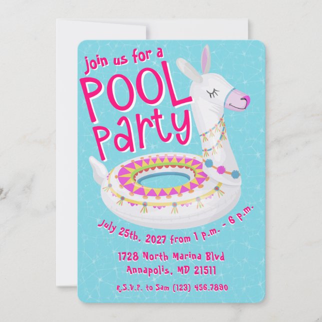 Convites Festa na Piscina com Llama Flutuante (Frente)