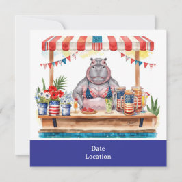 Convites Festa na Piscina de 4 de Julho com Hipopótamo de B