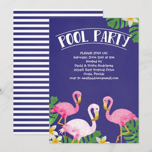Convites Festa na piscina do flamingo do verão (Frente/Verso)