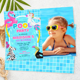 Convites Festa na Piscina Flamingo Unicórnio Boia Foto Aniv
