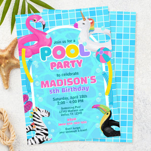 Convites Festa na Piscina Flamingo Unicórnio Boia Menina An