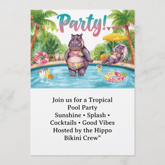 Convites Festa na piscina Hipopótamo Biquíni Tema tropical (Frente)