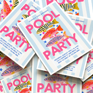 Convites Festa na Piscina Préppy de Aniversário de Verão Te