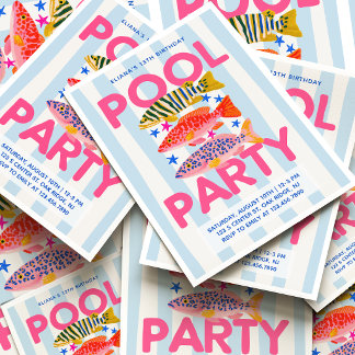 Convites Festa na Piscina Préppy de Aniversário de Verão Te