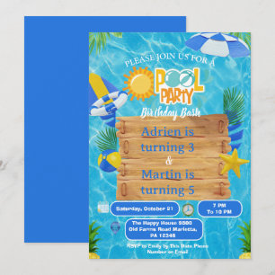 Convites Festa na Piscina Sunny Splash Joint para Crianças